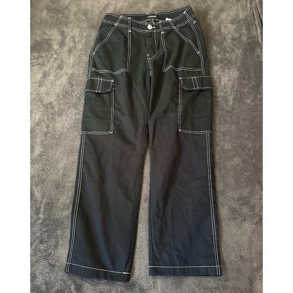 True Religion Mens Black White Contrast Stitch Cargo Pants 30X29 Straight Leg